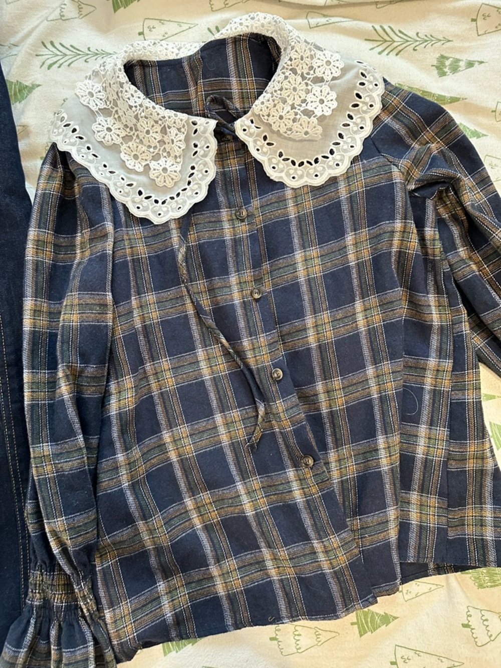 Women Navy Plaid Button-Up Top with Lace Collar